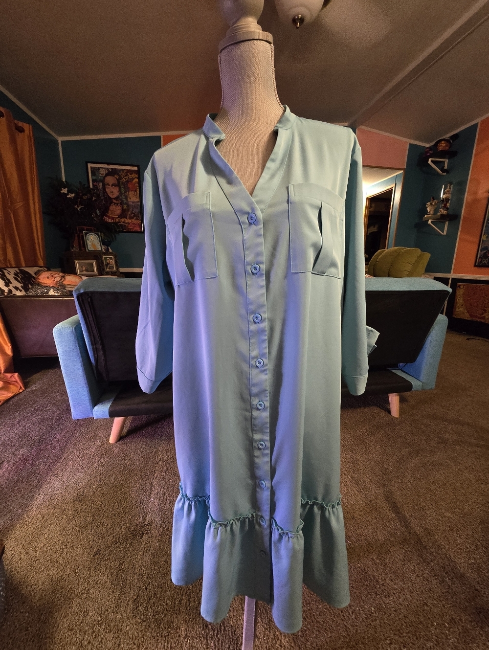 WD NY US Women's Size XL Turquoise 3/4 Sleeve Dress w Ruffled Bottom So Spring!